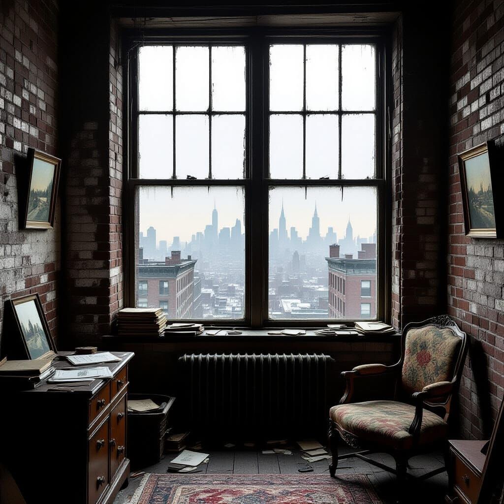 Desolate NYC Cityscape from Apartment in Vintage Style