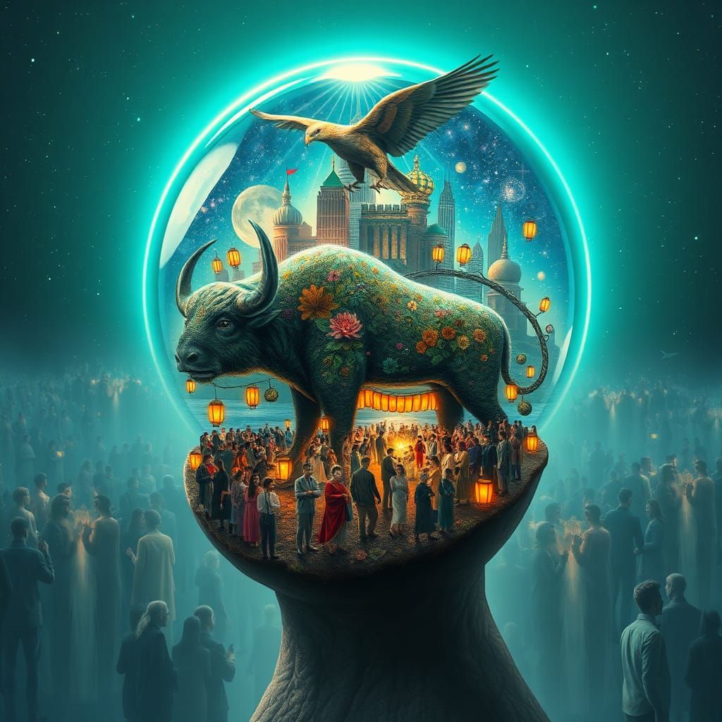 Cityscape Inside Skull with Teal Halos and Fish