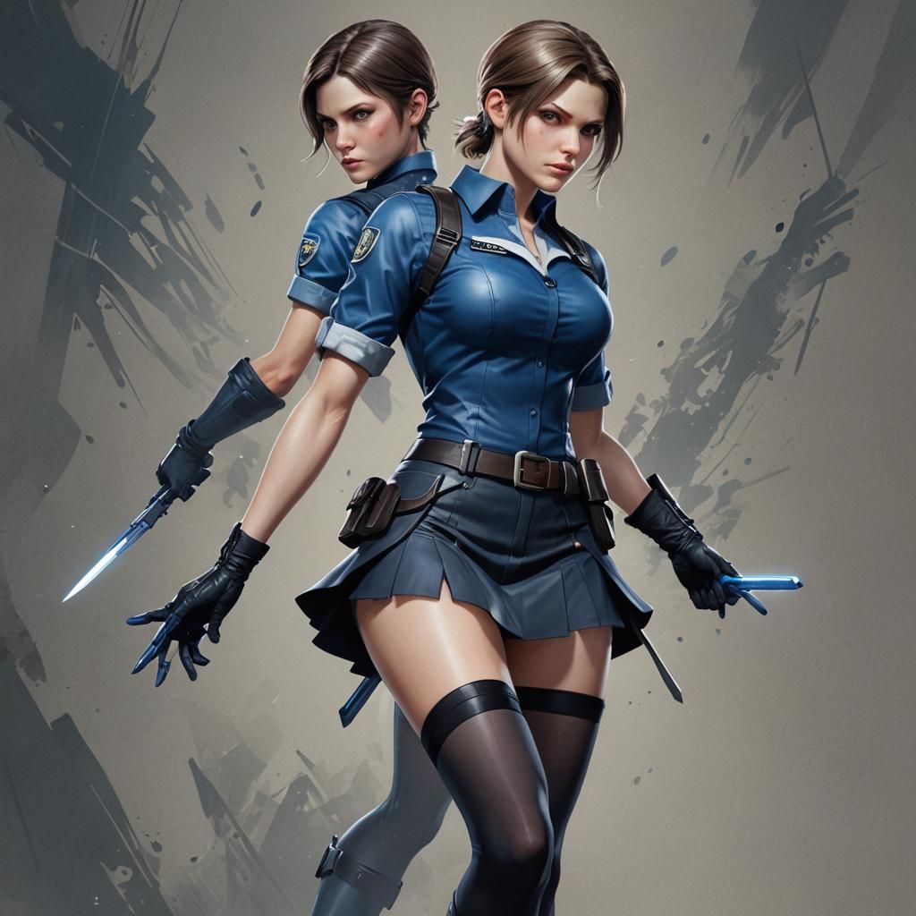 Jill Valentine with miniskirt, black stockings