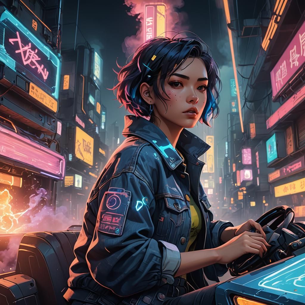 Cyberpunk Anime Woman Driving a Futuristic Truck