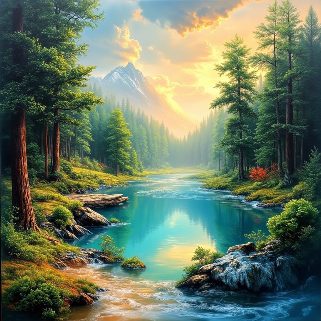Beautiful Forest Lake Landscape Oil Painting
