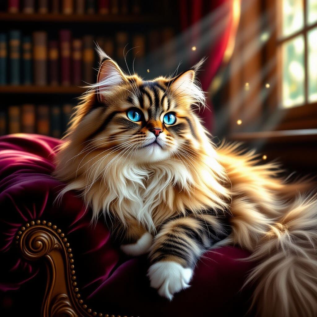 Regal Persian Cat on Velvet Cushion in Sunlit Library