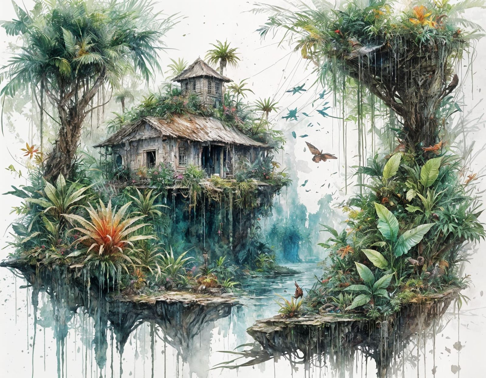 Floating Island Ruins in Lush Jungle, Watercolour Style