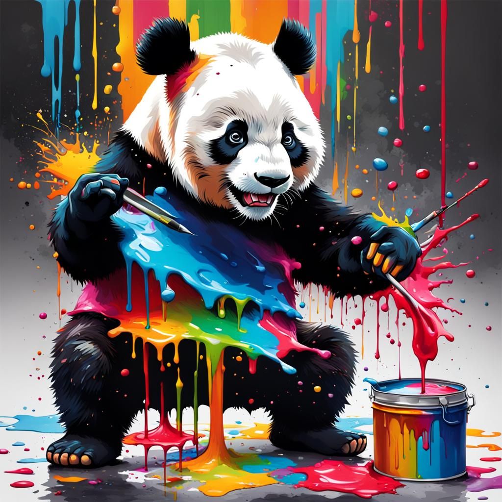 Funny Cartoon Panda playing with Paint