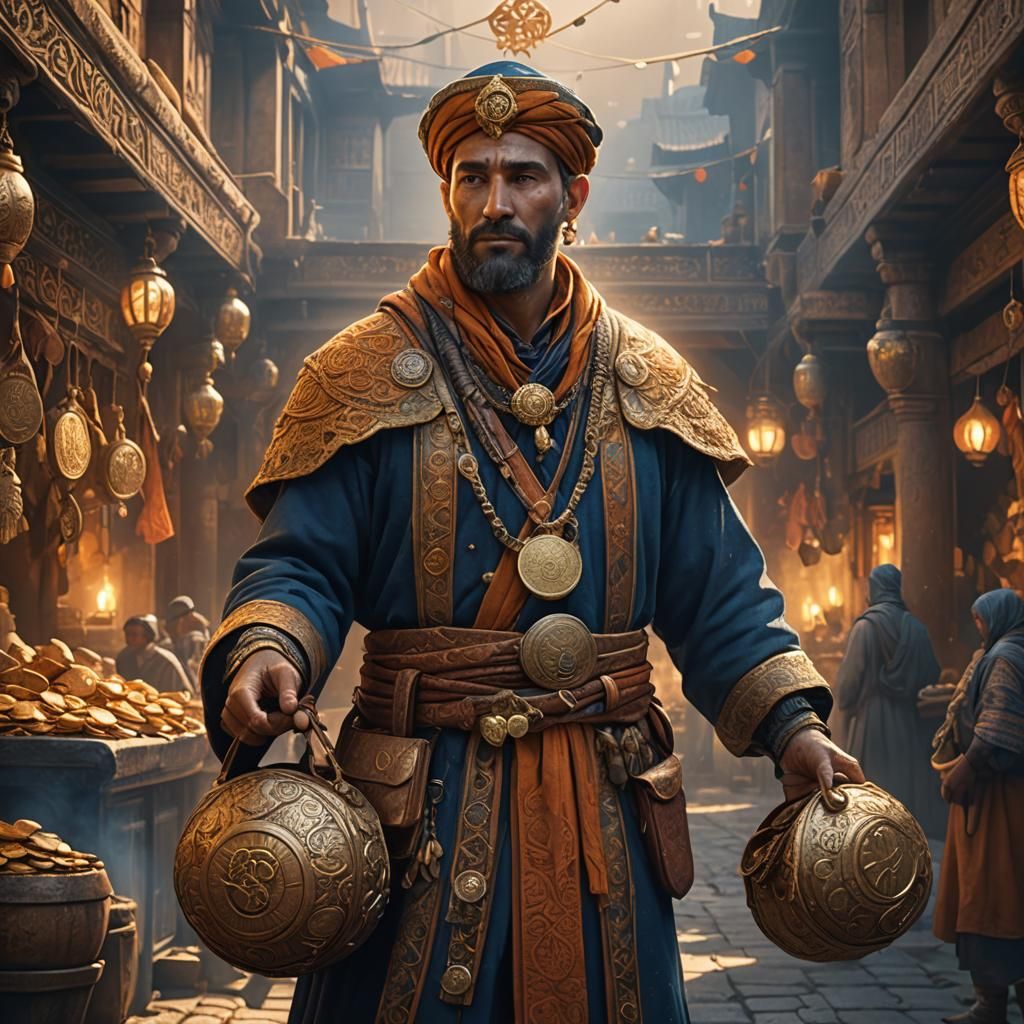 Mystical Market Man Holding Coins
