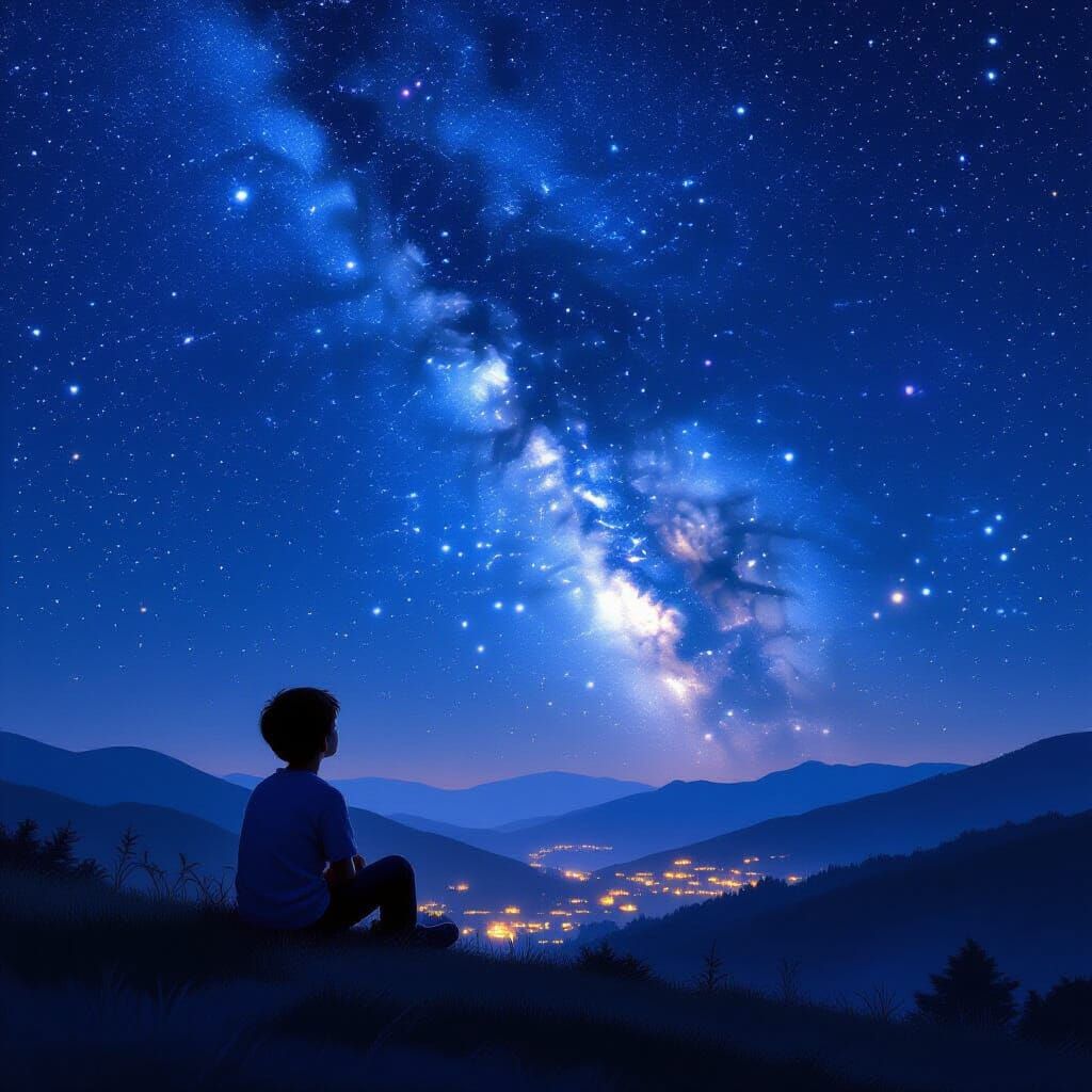 Boy Silhouetted on Hillside Watching Starry Milky Way
