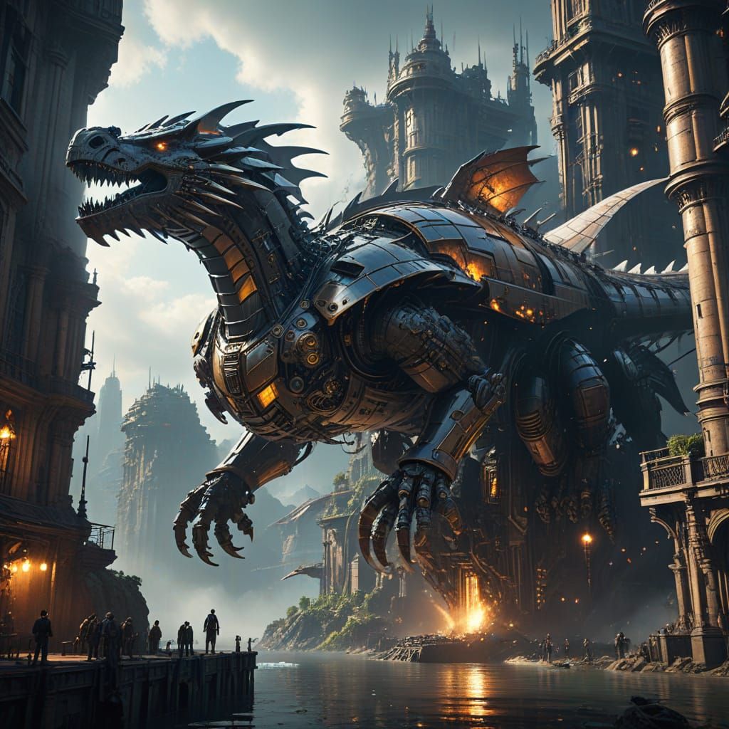 Steampunk Dragon Airship Soaring Over Alien City