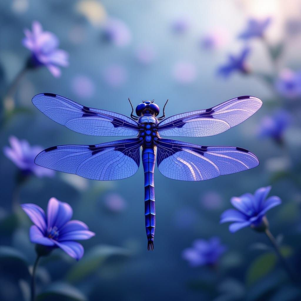 Detailed Dragonfly with Violet Flowers, Digital Art