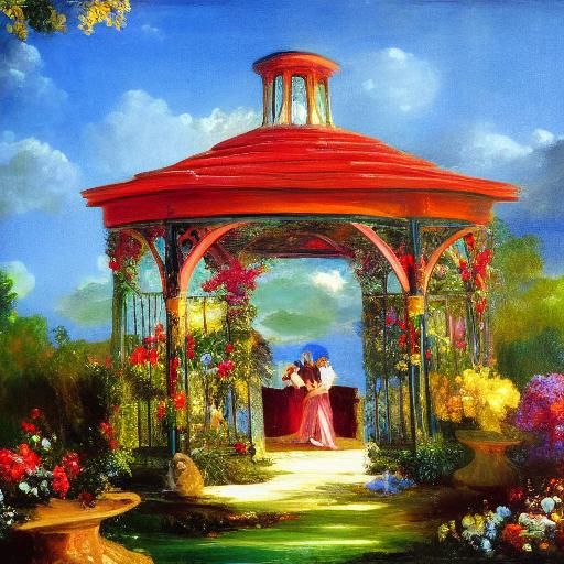 Phoenix Gazebo in Floral Landscape, Magic Realism