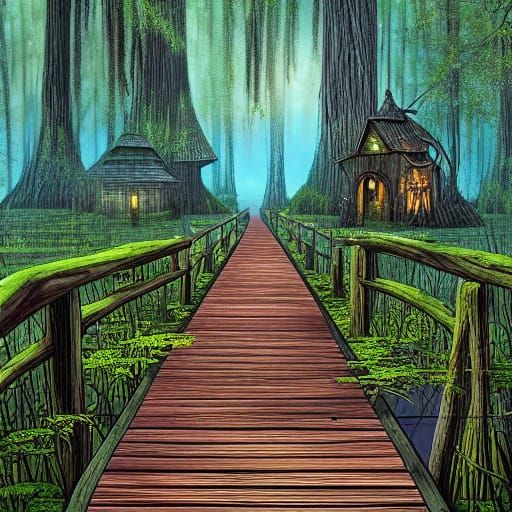 Eerie Swamp Cabin on Boardwalk: Neo-Impressionist Painting