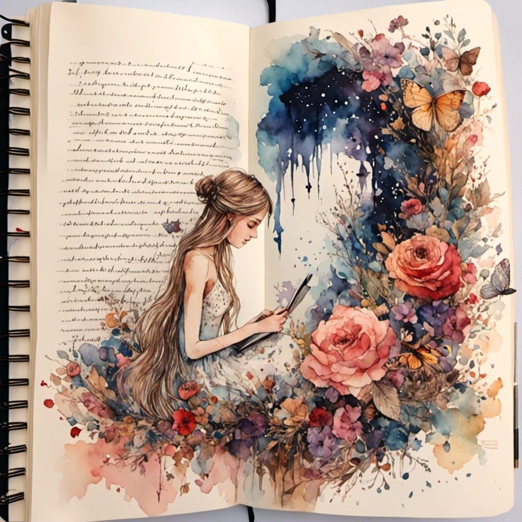 Girl Writing in Diary with Watercolor Effect