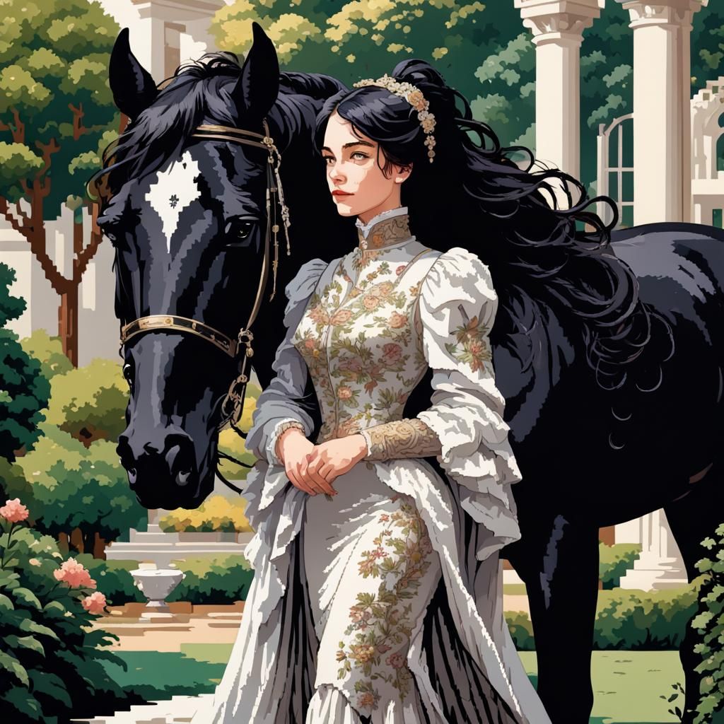 Court Lady and Black Horse in 8-bit Pixel Art