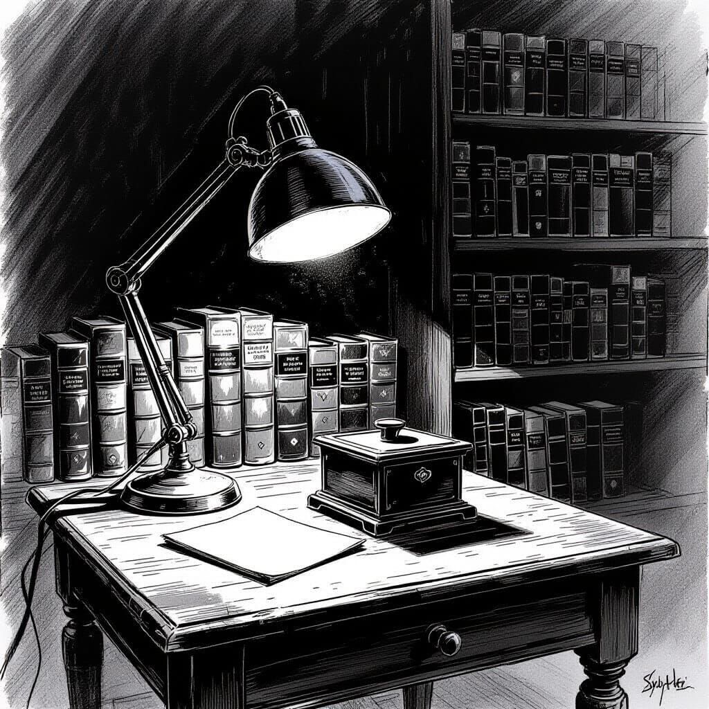Black and White Sketch: Inkwell, Lamp, and Bookshelf