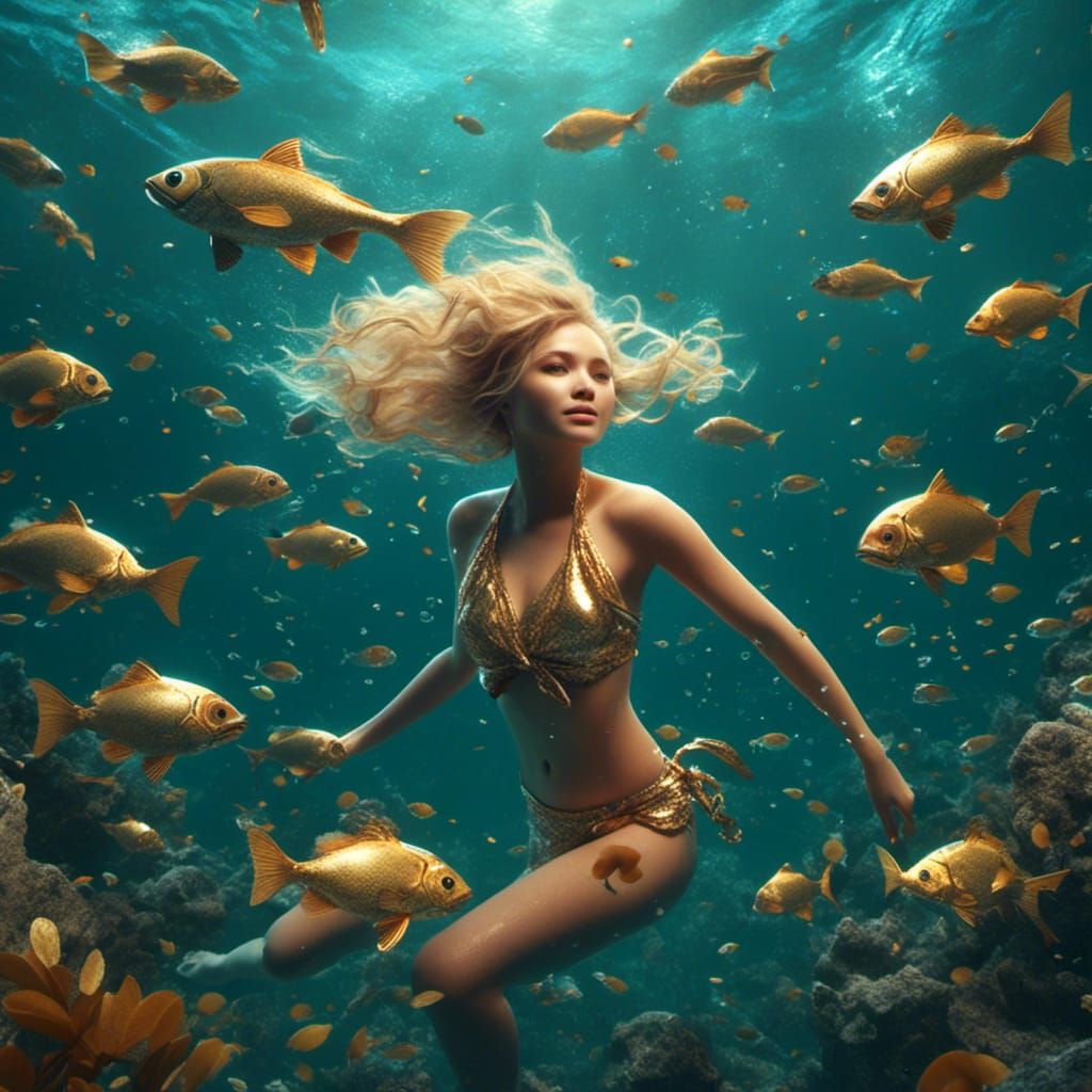 Blonde Woman with Chihuahuas in Ocean, Detailed Digital Art