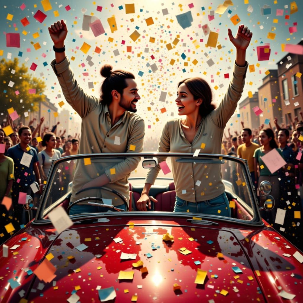 Overjoyed Couple Wins Red Convertible Amidst Confetti