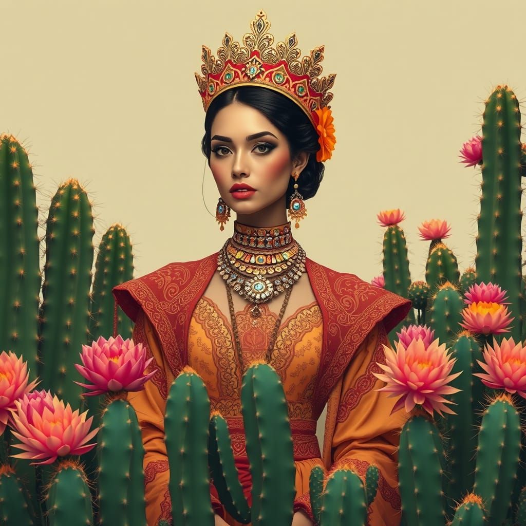 Surreal Queen Reigns Among Vibrant Cacti in Whimsical Style