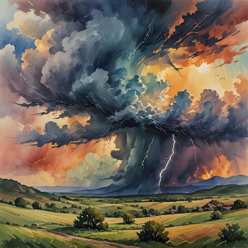 Epic Thunderstorm at Sunrise: Gouache Impressionist Valley