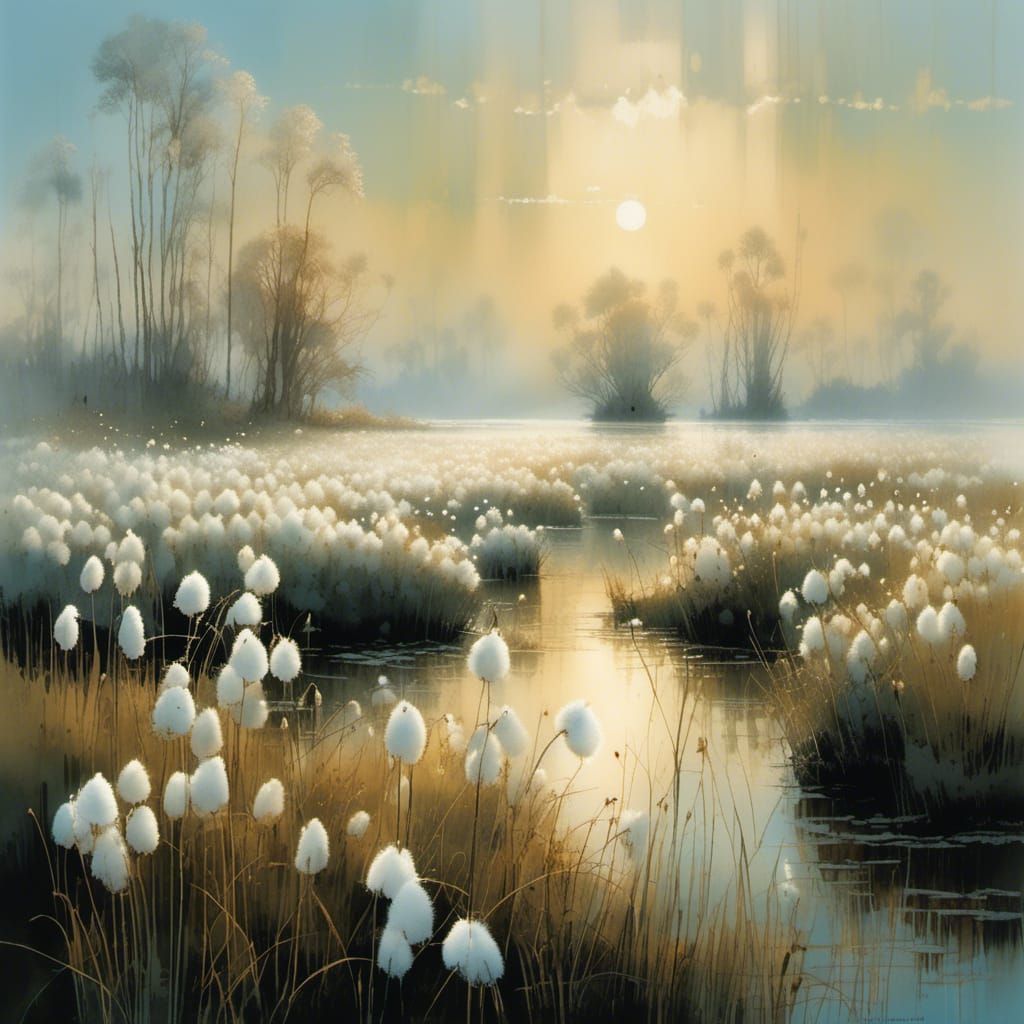 Misty Meadow: Cotton Grass in Morning Haze