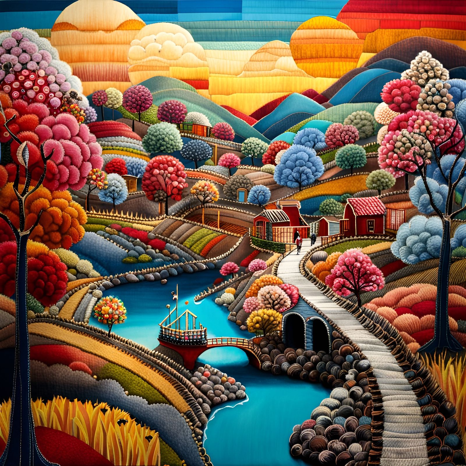 Denim Patchwork Village: Sustainable Textile Art