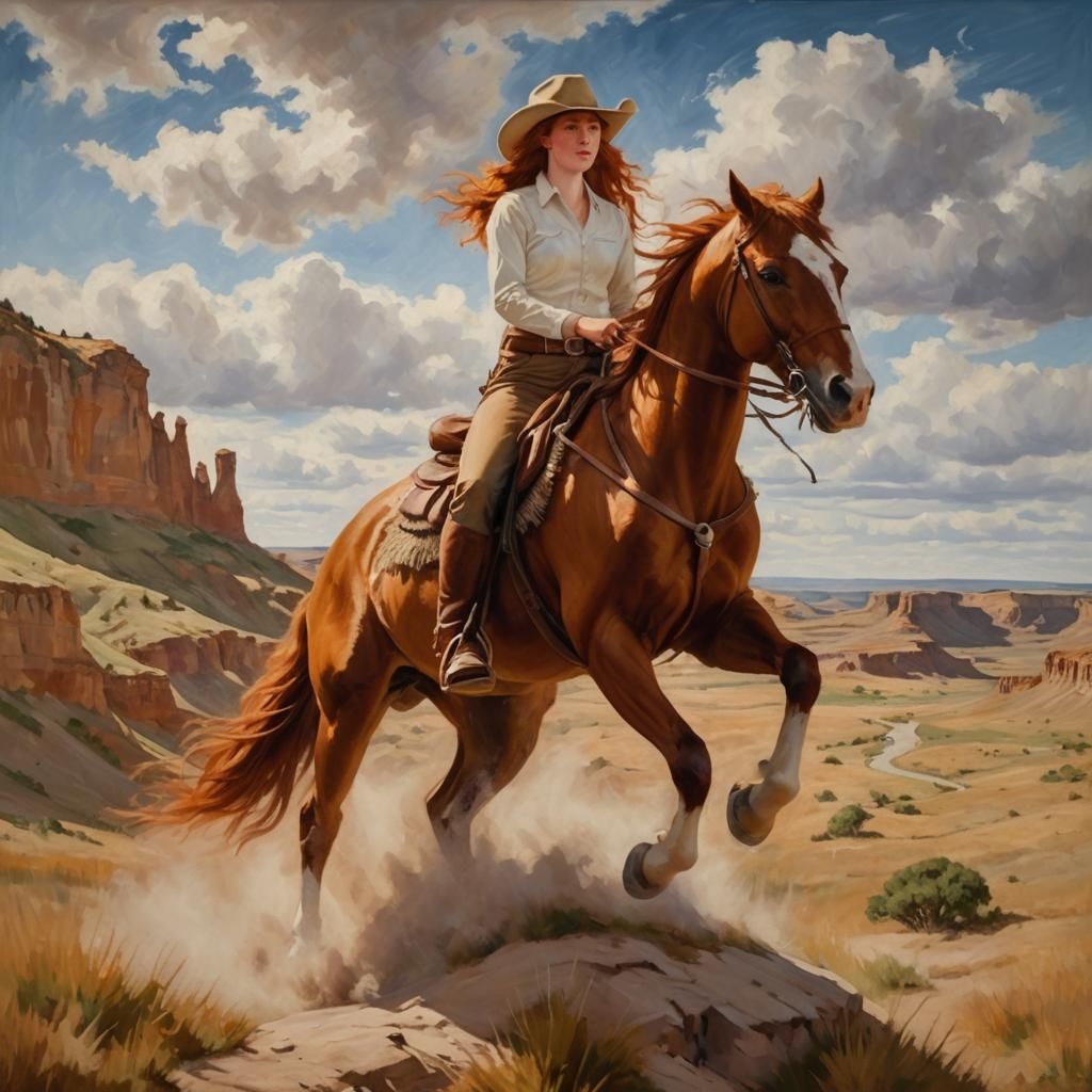 Cowgirl in Badlands: Impressionistic Oil Painting