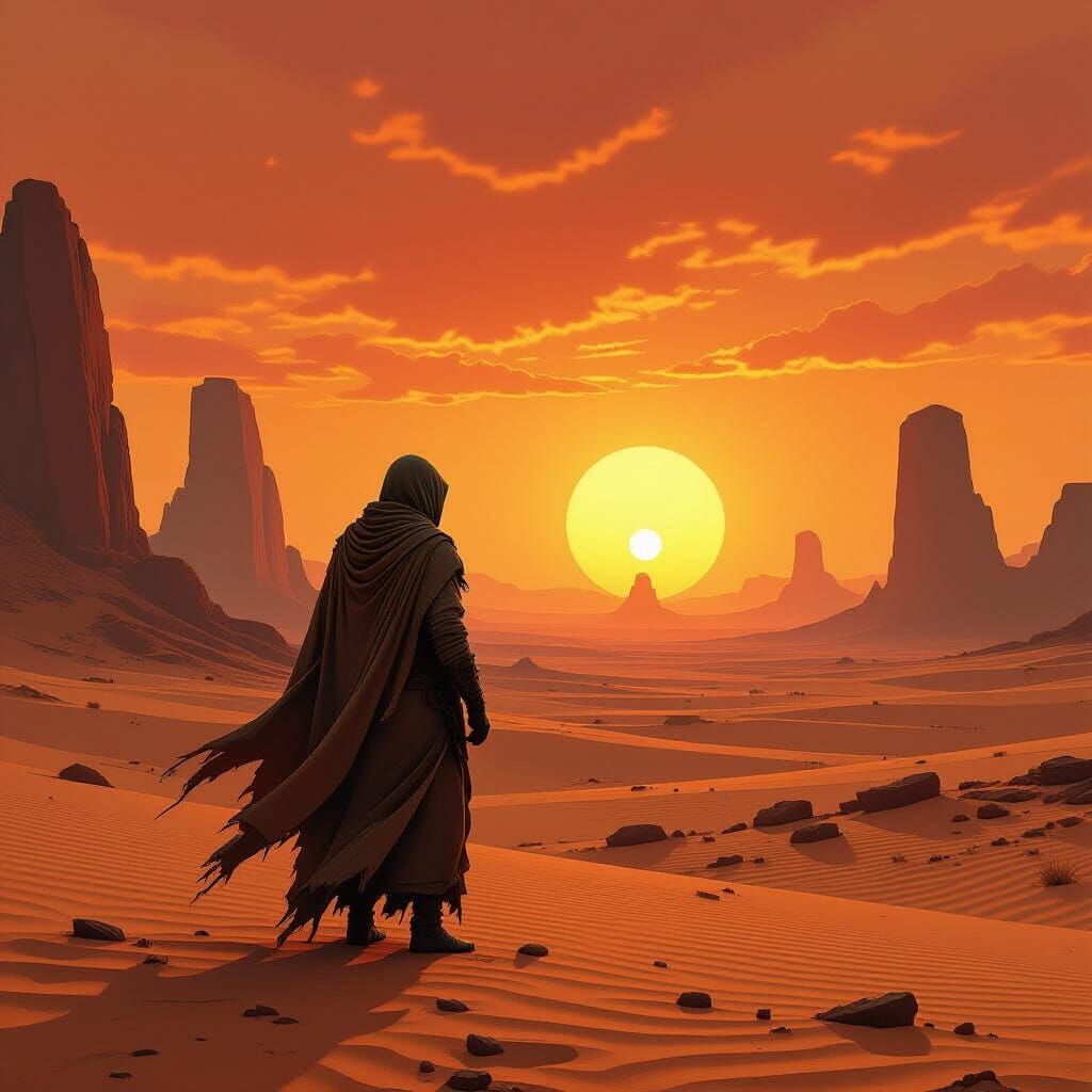 Alien Desert Wanderer at Twin Sunset with Monolithic Ruins