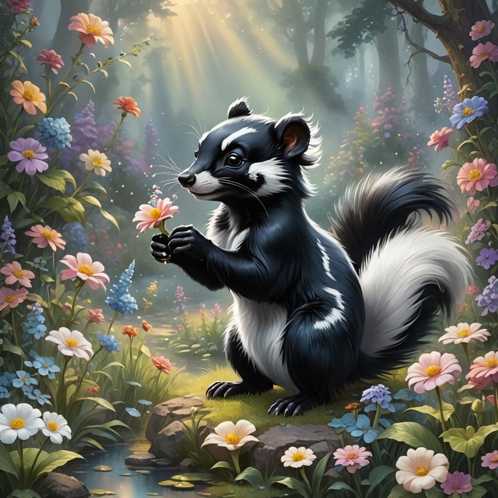 Cartoon skunk smelling a flower