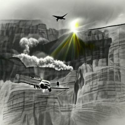 Plane Landing in Grand Canyon: Film Noir Pencil Sketch