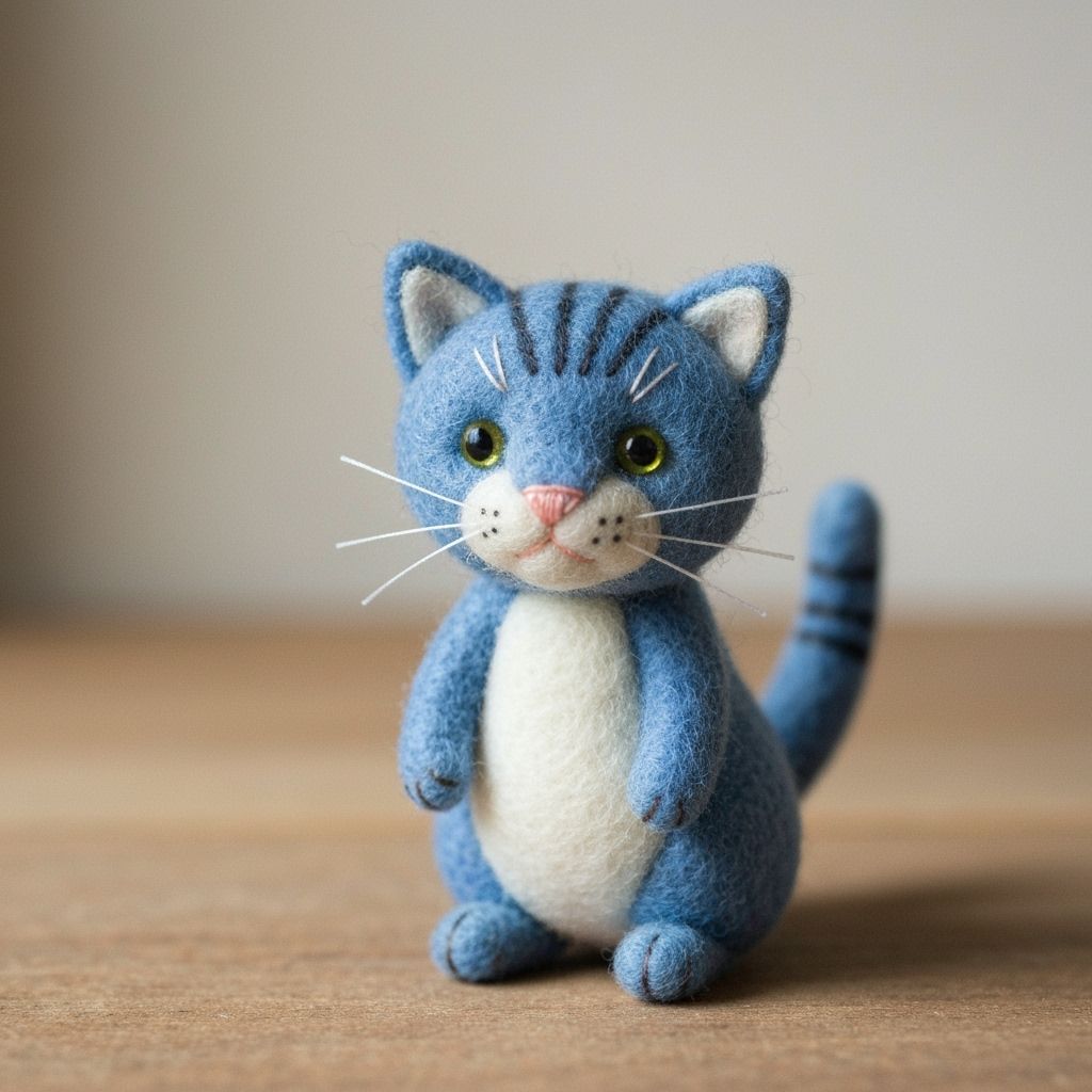 Hand-Felted Blue Cat in Storybook Illustration Style