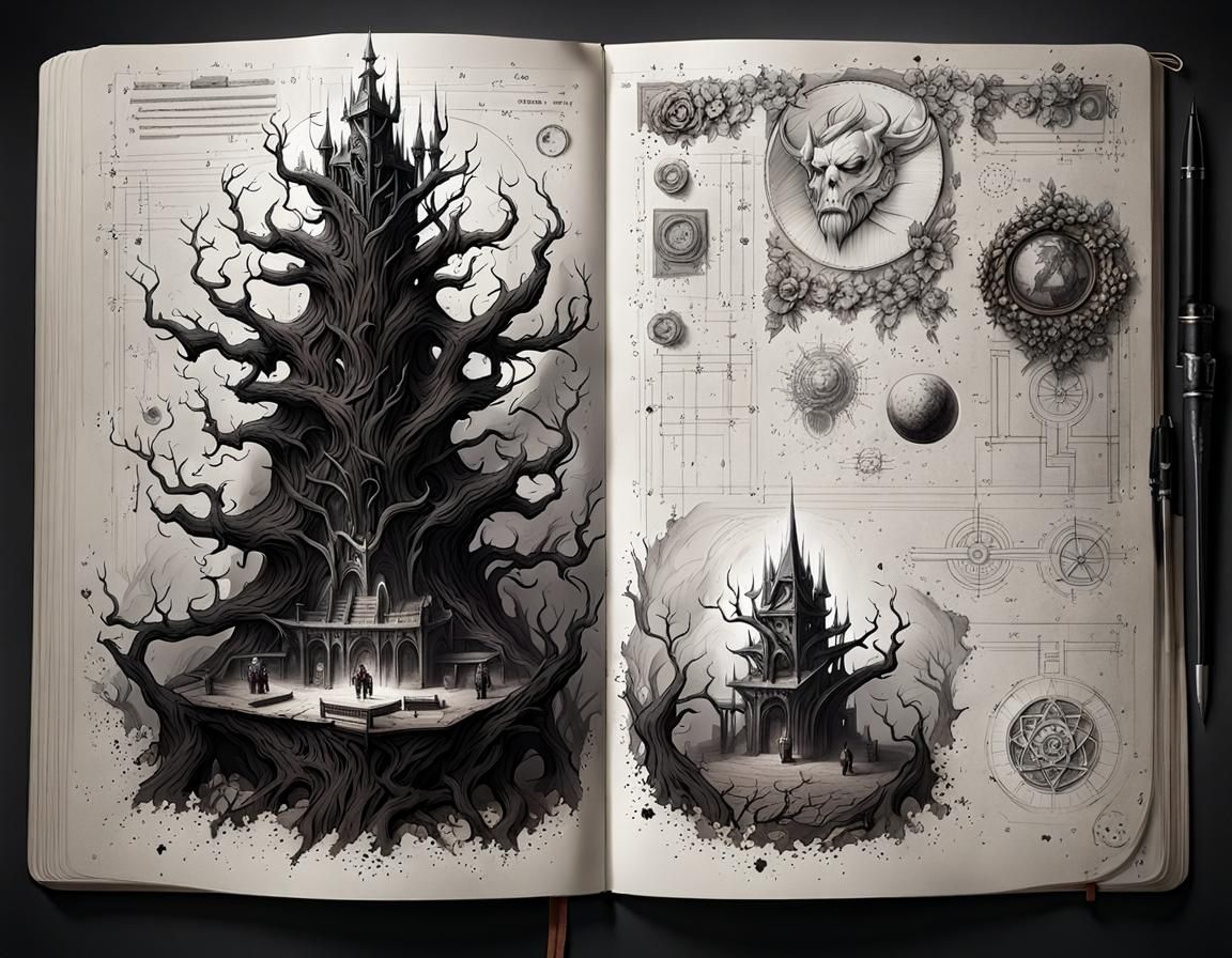 Demonic Plant Ink Drawings in Open Notebook