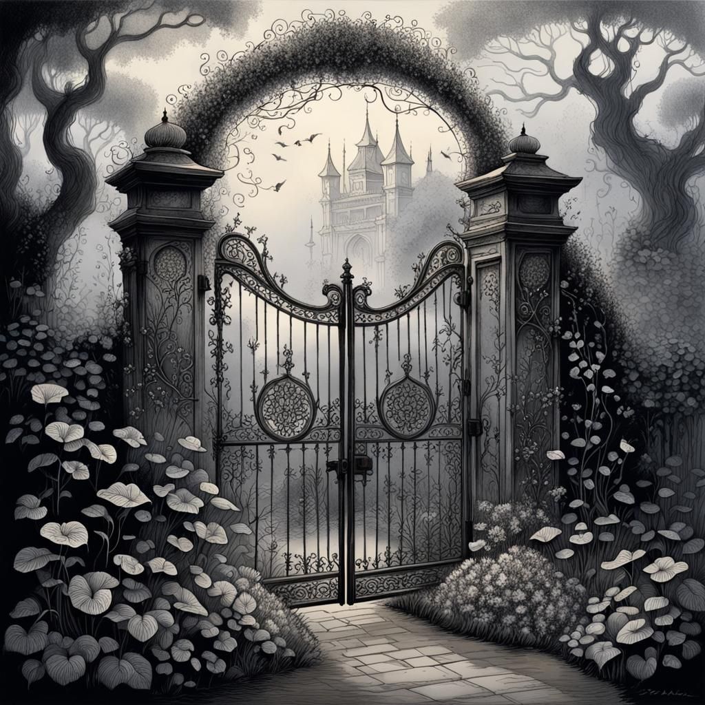 Mystical Garden Gate in Eerie Mist, Pen and Ink