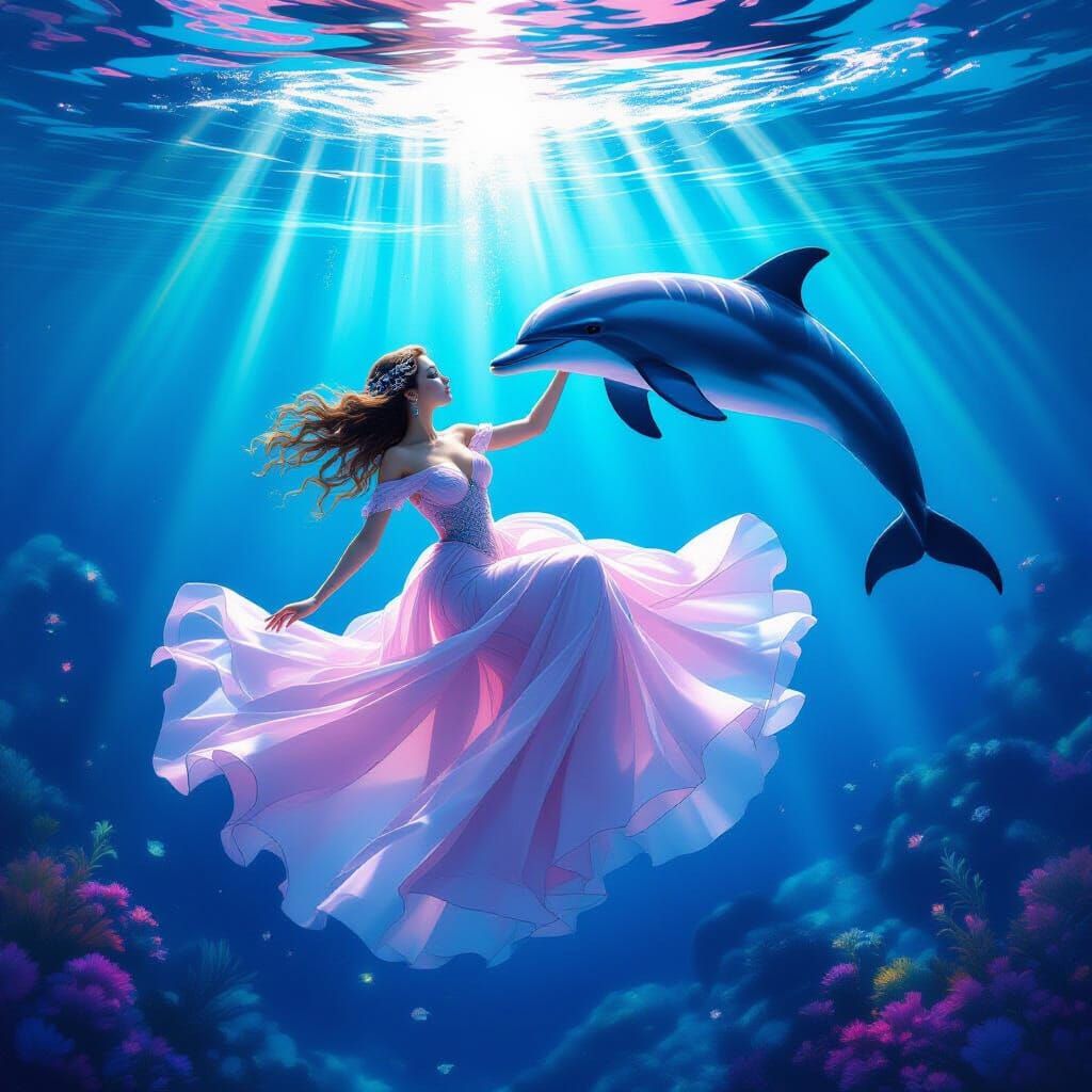 Ethereal Woman Swims With Dolphin in Fantasy Underwater Real...