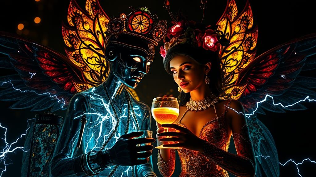 Dancing Couple Amidst Cosmic Destruction in Steampunk Style