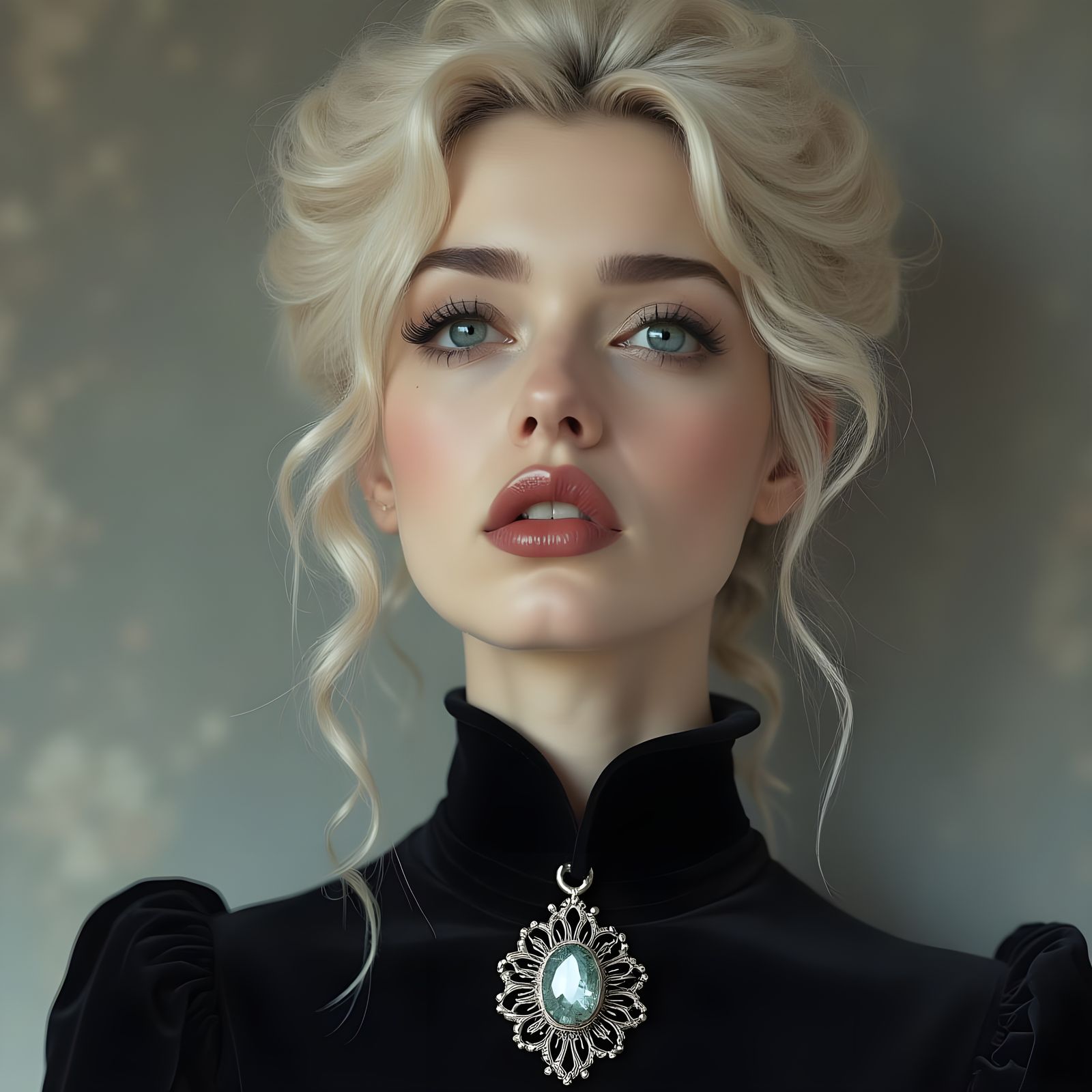 Ethereal Woman in Victorian-Inspired Portrait with Wavy Plat...