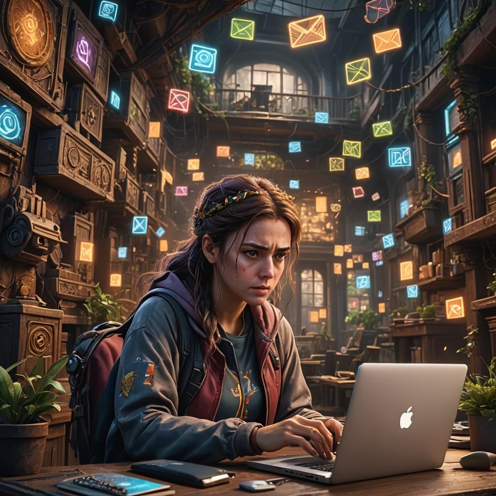 Girl Checking Email Looking Confused: Fantasy Concept Art