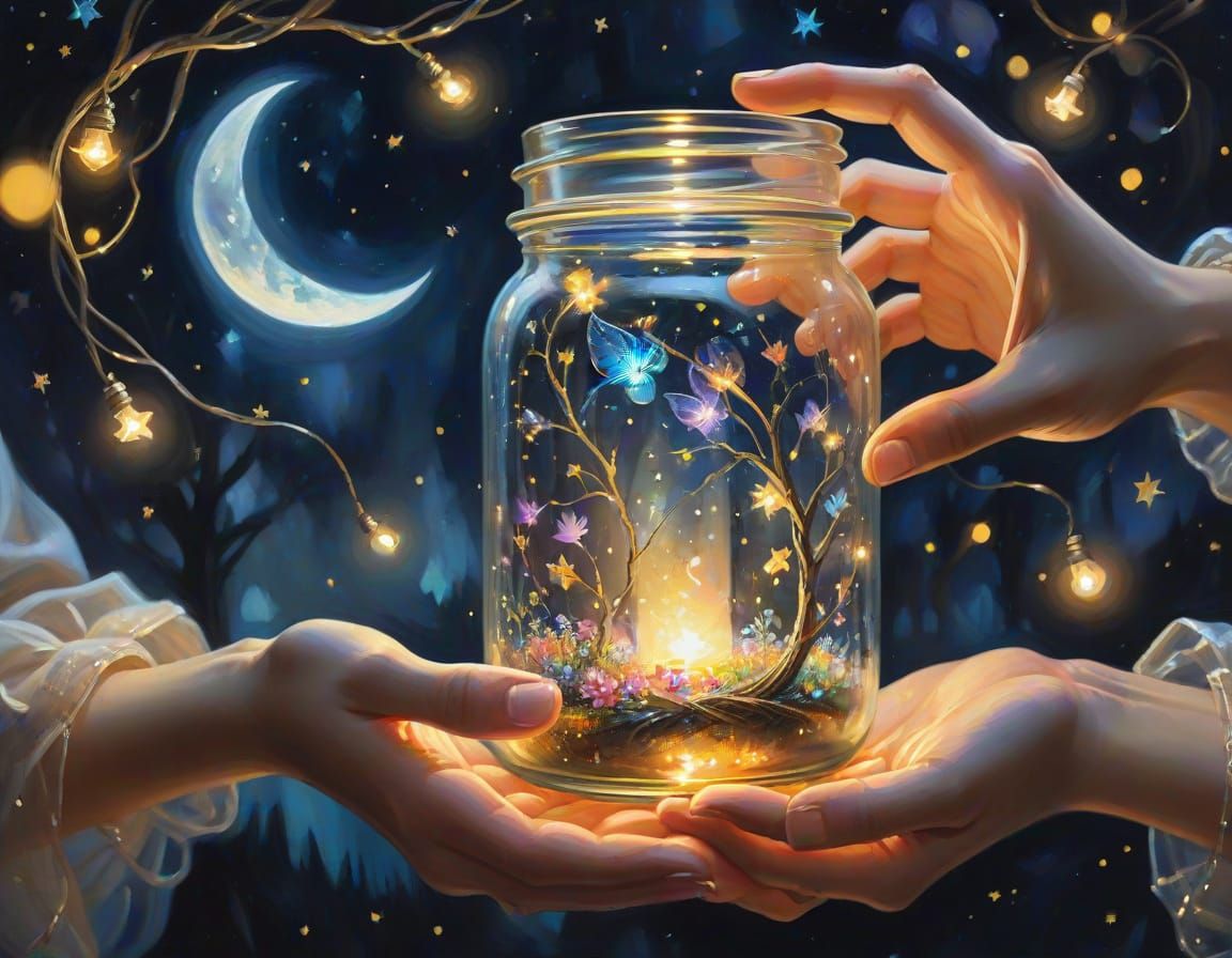 Whimsical Close-up of Hand Holding Glowing Fairy Lights