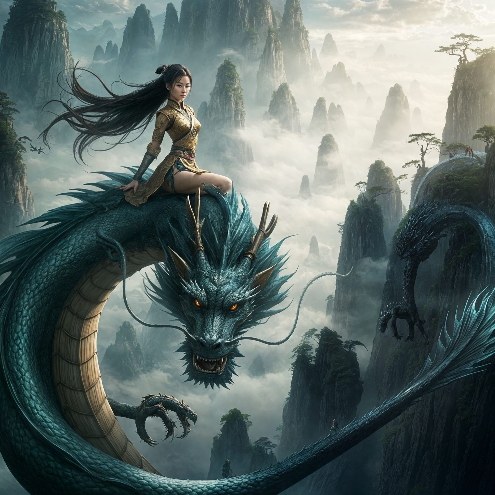 Kung Fu Heroine Rides Dragon in Fantasy Landscape