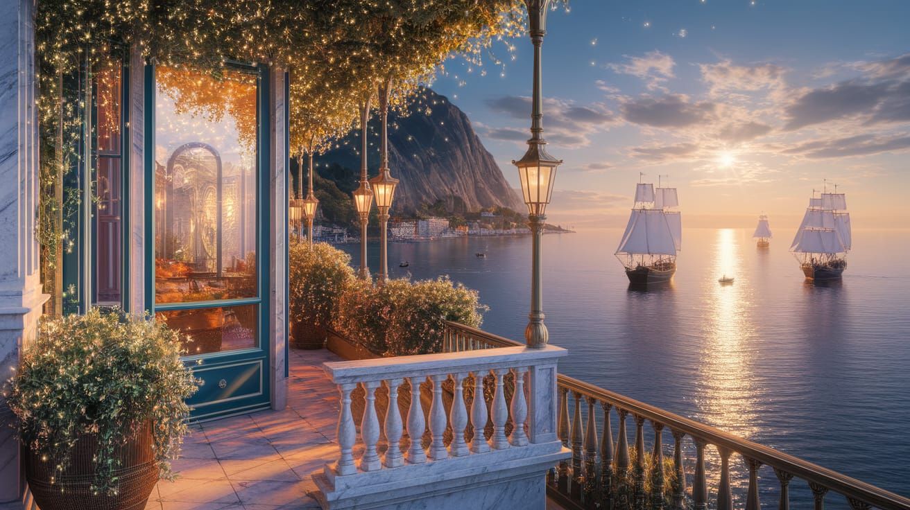 Golden Hour Seaside Town with Ships in Luminous Acrylic Art ...