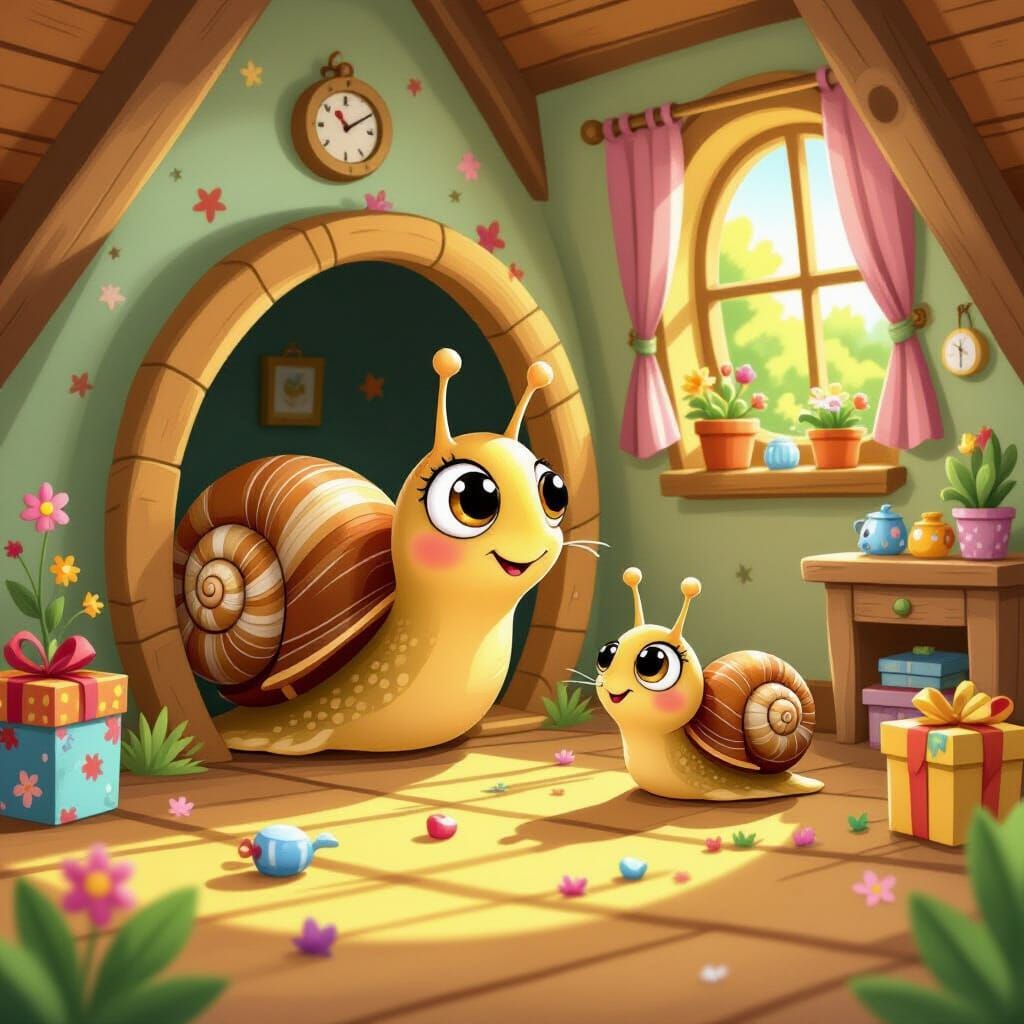 Baby Snail's Gift Search: Whimsical Cartoon Illustration