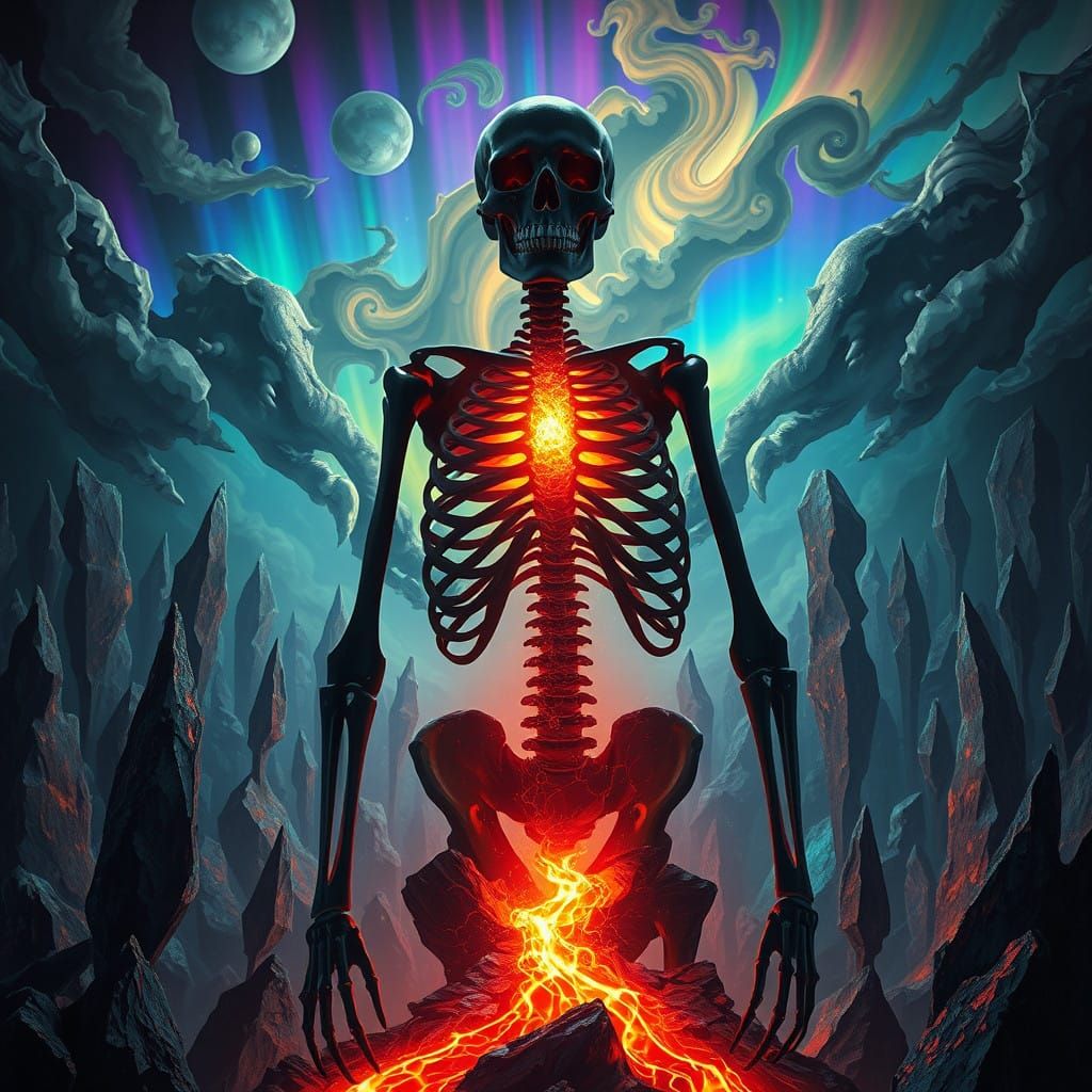 Surreal Skeleton Silhouette in Shimmering Crystalline Landsc...