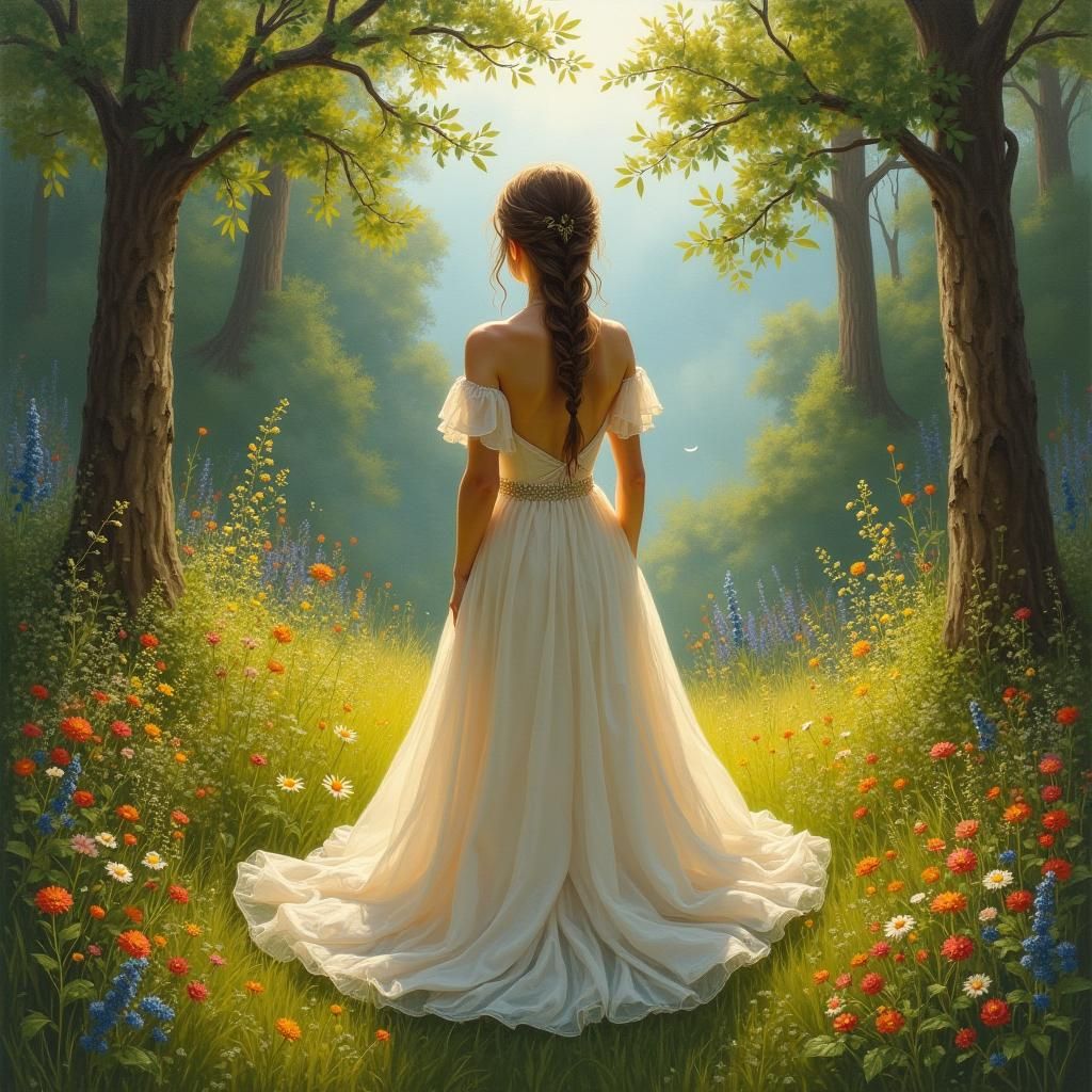 Maiden in Gown Amidst Lush Natural Landscape