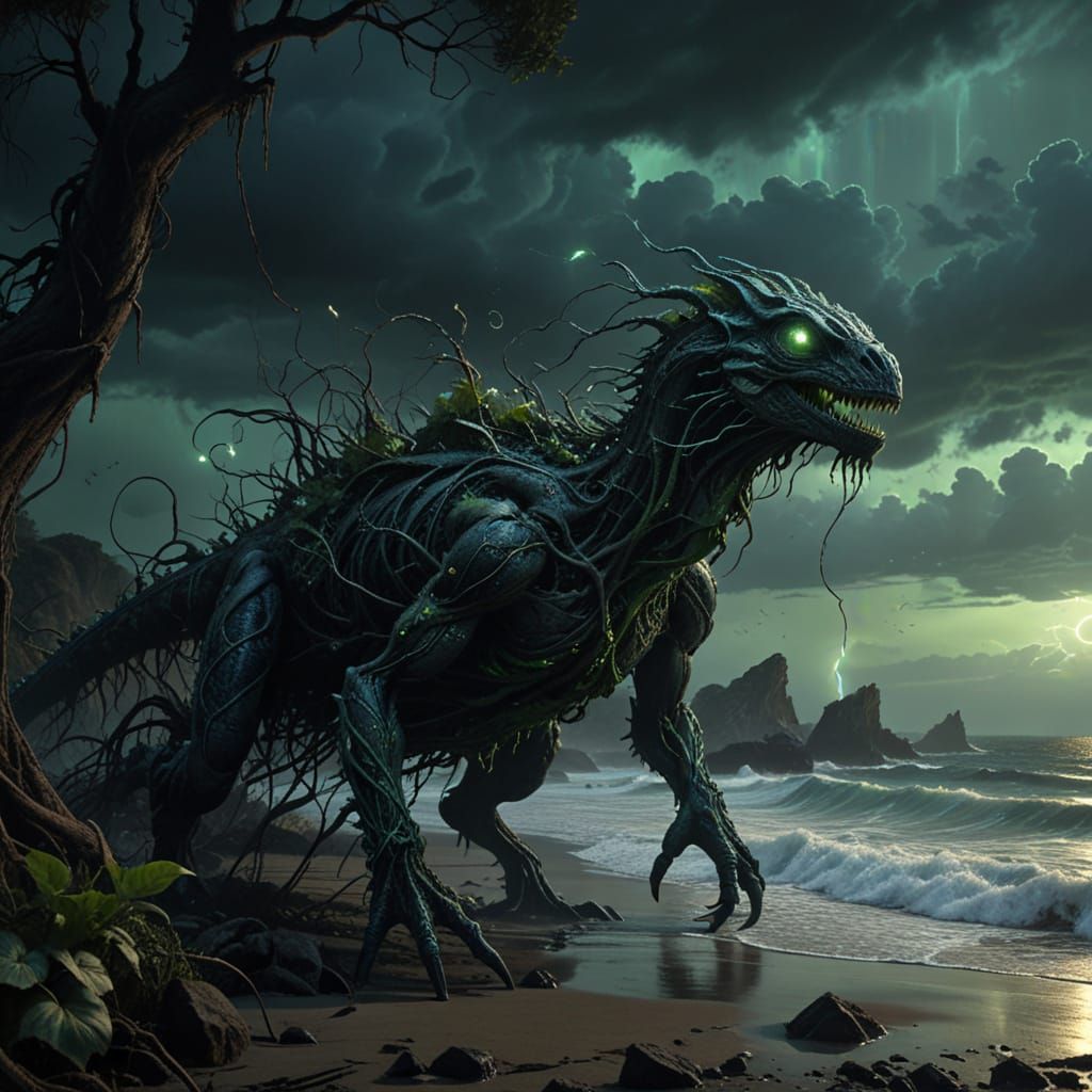 Ominous Plant Creature Stalks Stormy Coastline in Hyperreali...