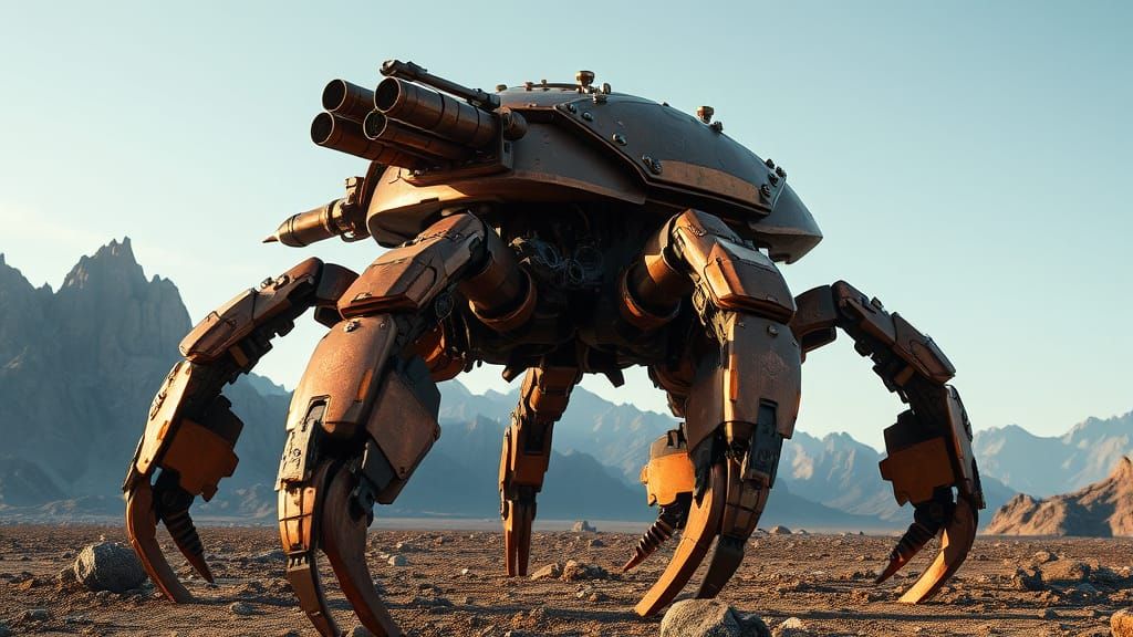 Steampunk Crab Robot in Jagged Mountains