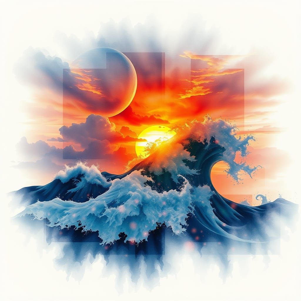 Watercolor Double Exposure of Waves, Storm, and Sunset