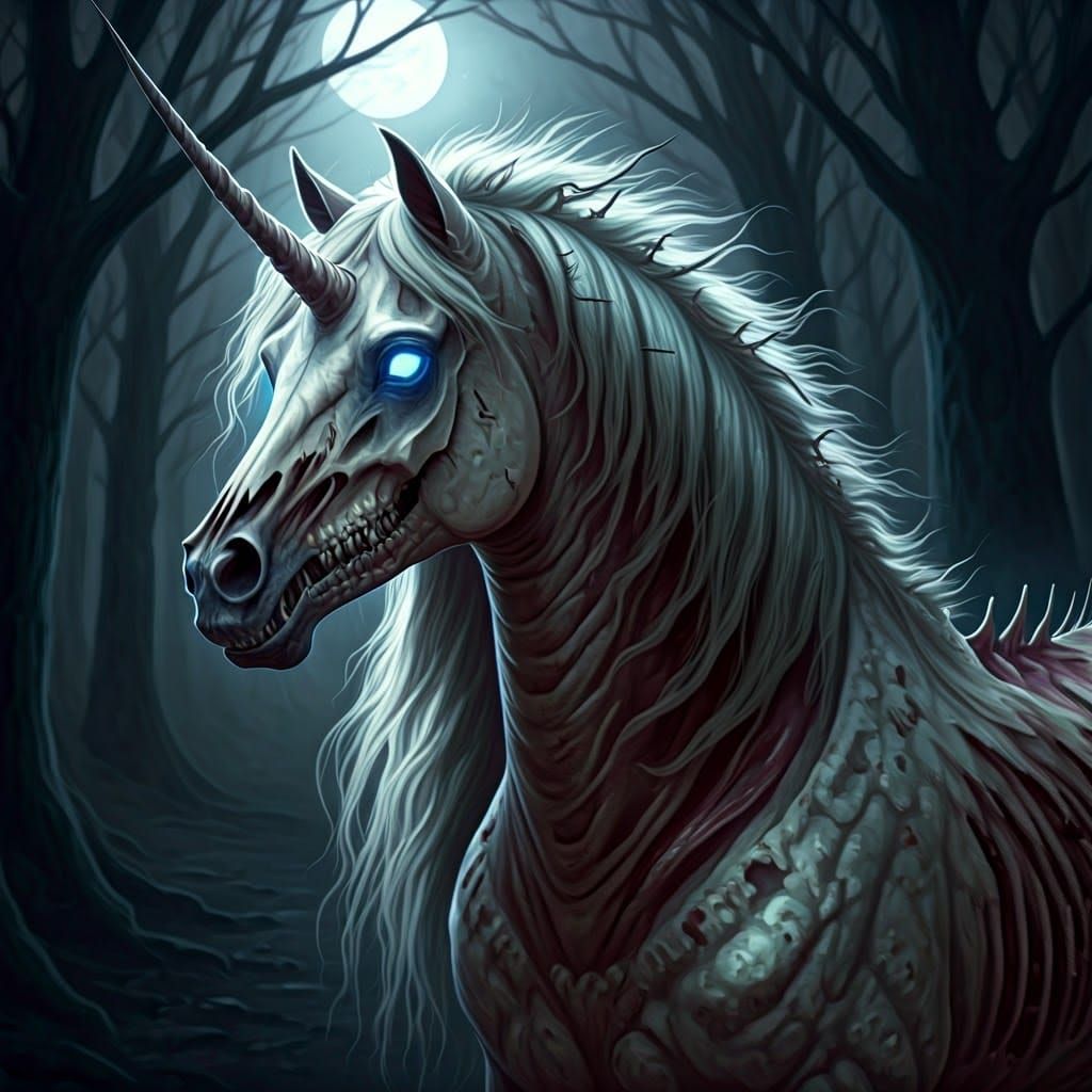Majestic Undead Unicorn in Dark Surrealism Style