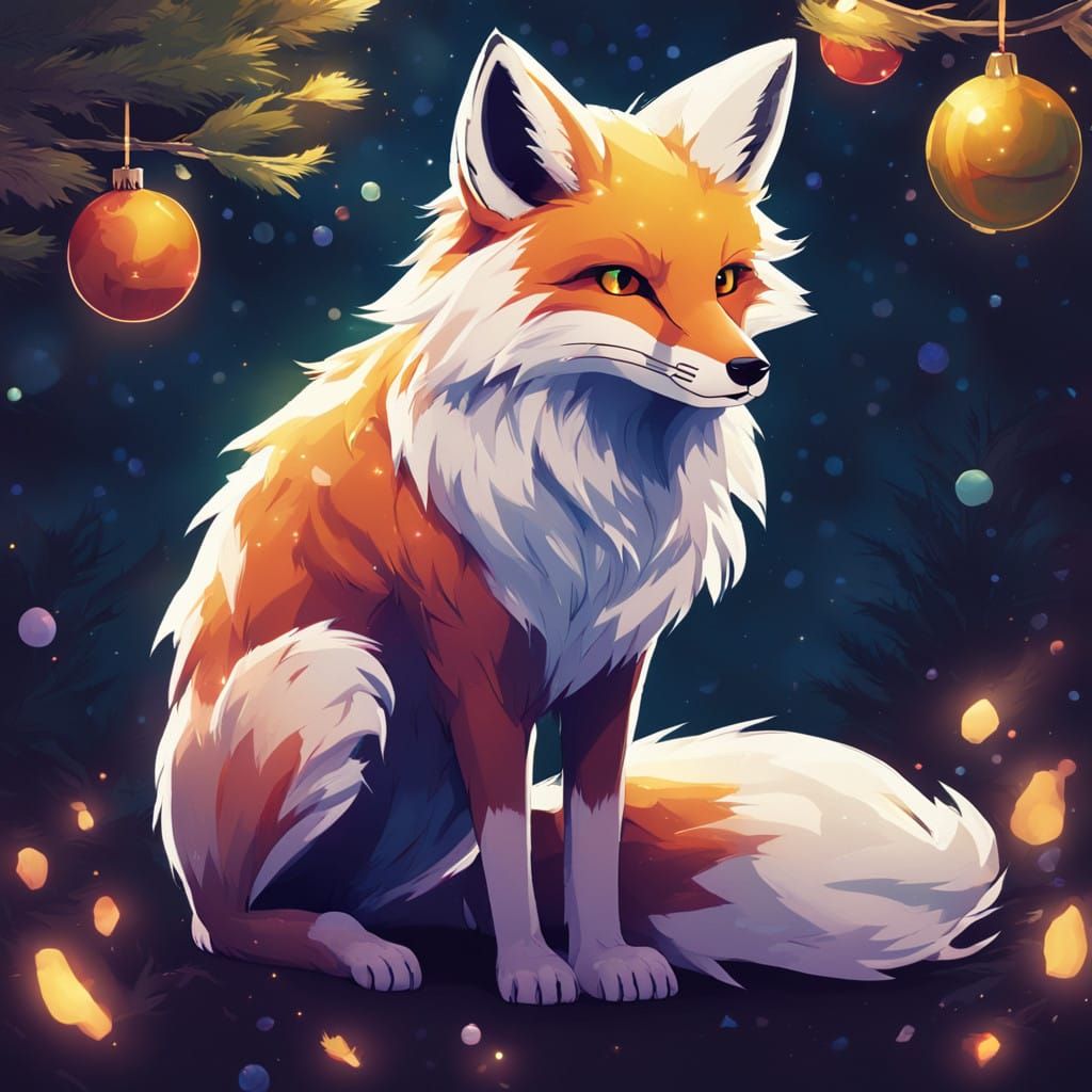 Serenely Majestic White Fox Under Vibrant Christmas Tree