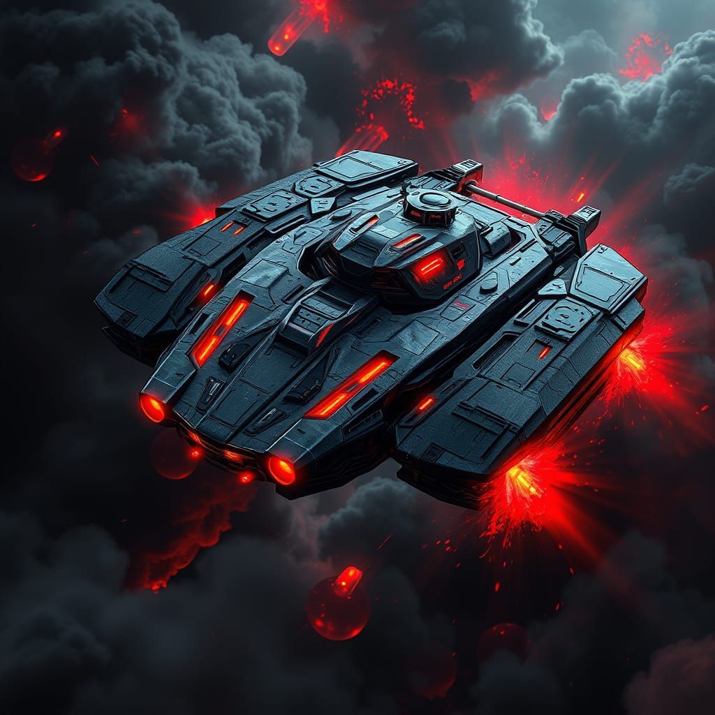 Cyberpunk Military Tank Takes Flight in Ominous Skies