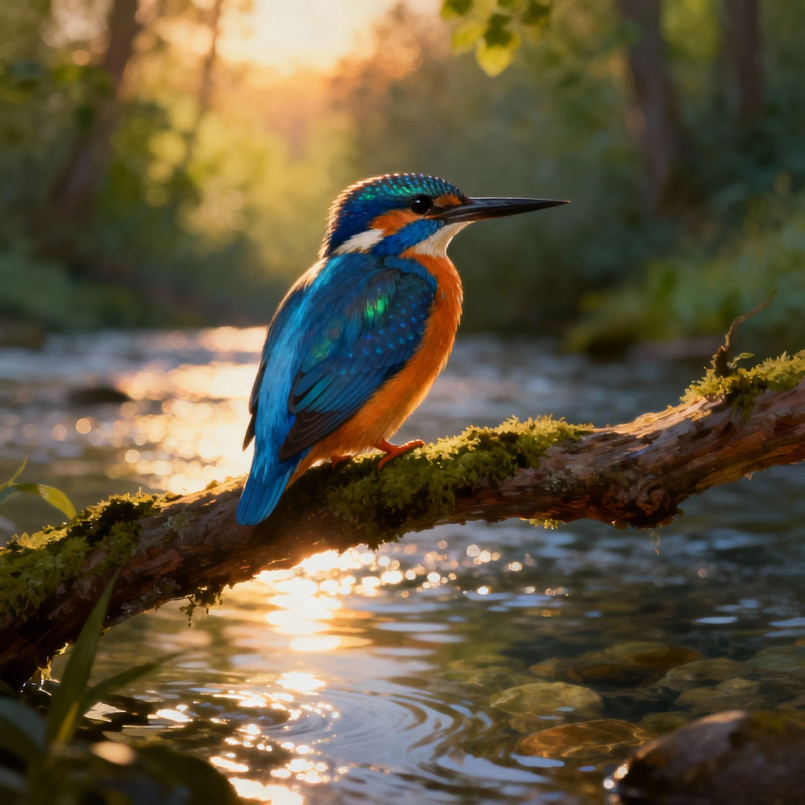 Vibrant Kingfisher at Dawn by Sparkling River