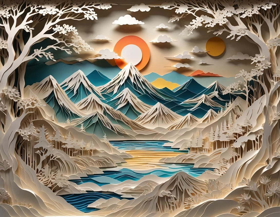 Kirigami Sunrise Mountain Seascape Masterpiece