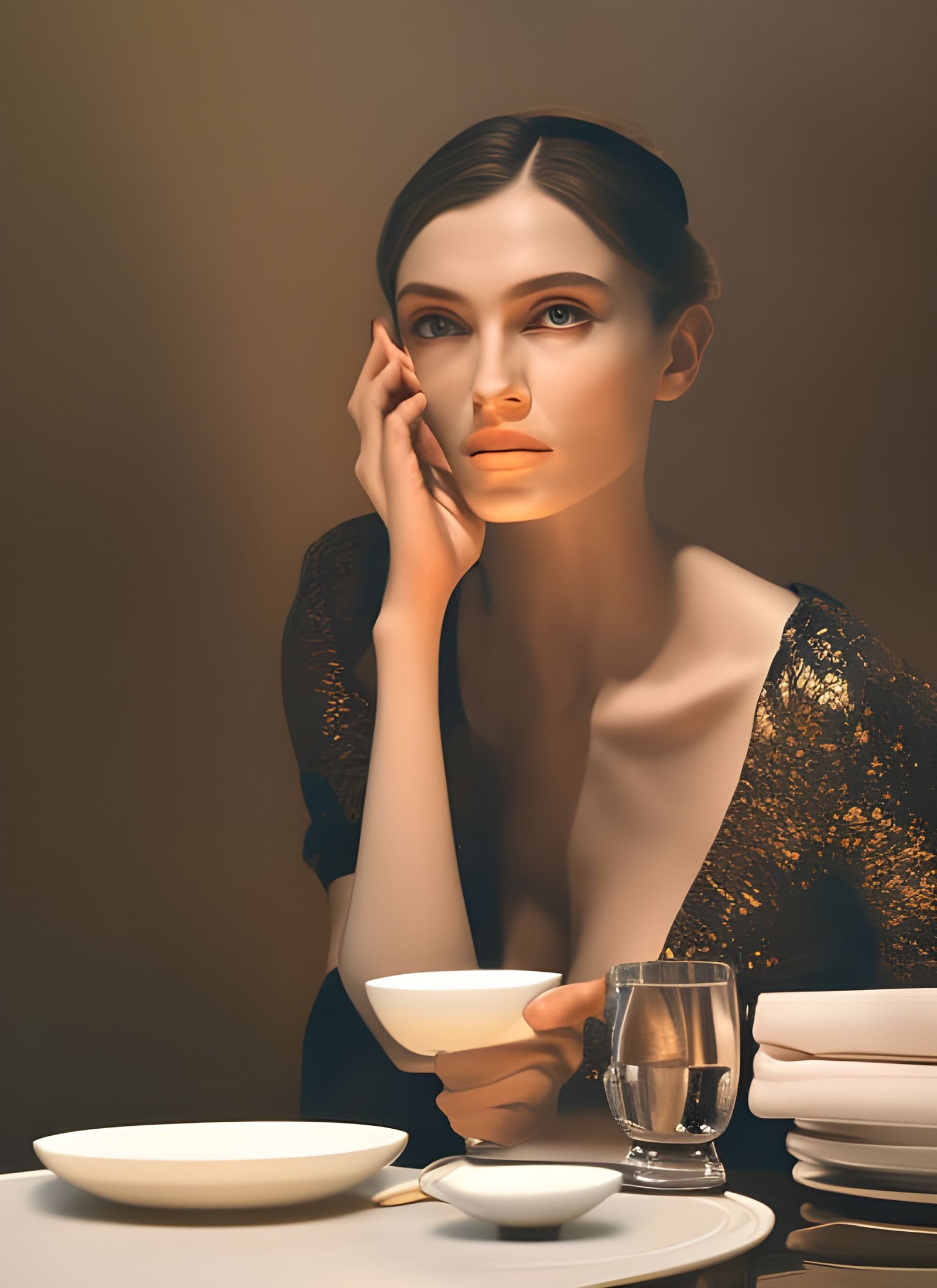 Beautiful Woman in Cafe: Hyperrealistic Portrait