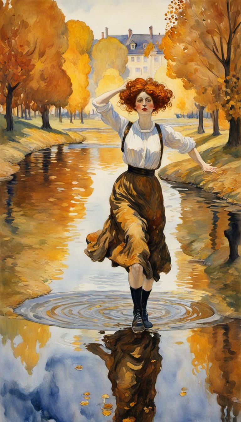 Edwardian Woman in Autumn Park, Klimt-Style Impressionism